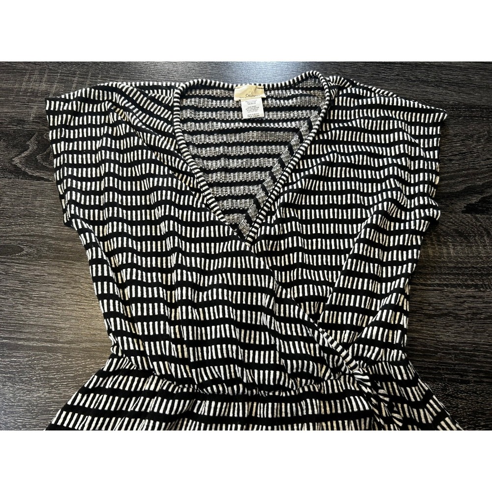 Caution To The Wind Black White Striped V Neck Faux Wrap Dress Womens Small - Picture 2 of 4